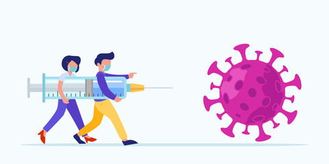 People together fight against COVID-19 with big vaccine syringe to prevent coronavirus outbreak, SARS-CoV-2 prevention campaign with copy space background vector illustration