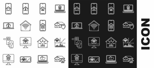 Set line Smart house and alarm, home with wi-fi, House under protection, Mobile phone smart, Laptop temperature, and icon. Vector