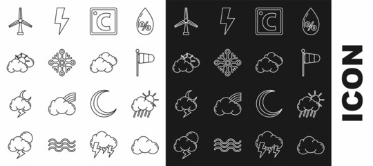 Set line Cloud, with rain and sun, Cone meteorology windsock wind vane, Celsius, Snowflake, Sun cloud weather, Wind turbine and icon. Vector