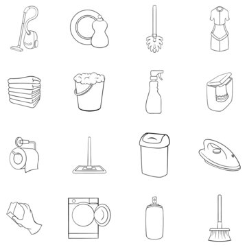 Household elements set icons in outline style isolated on white background