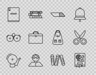 Set line Ringing alarm bell, Board with graph chart, Eraser or rubber, Student, Notebook, Briefcase, Paper clip and Scissors icon. Vector