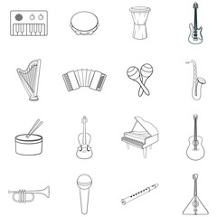 Musical instruments set icons in outline style isolated on white background