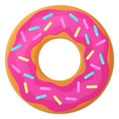 Bright doughnut with pink glaze and sprinkles. No diet day symbol, unhealthy food, sweet fastfood, sugar snack, extra calories concept. Stock vector illustration isolated on white background in