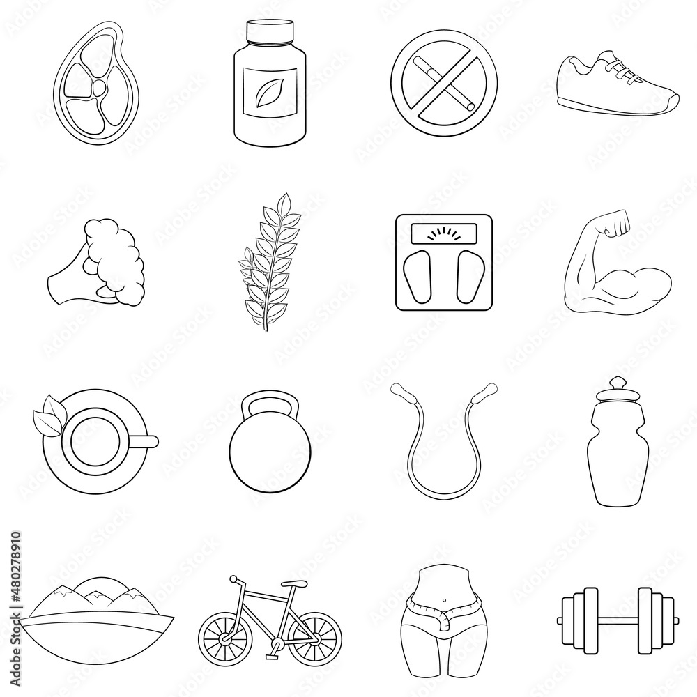 Wall mural Healthy lifestyle set icons in outline style isolated on white background - Wall murals