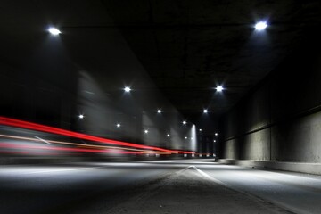 Fototapeta na wymiar Blurry image of a dark tunnel with dim lights.