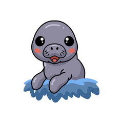 Cute baby manatee cartoon playing water
