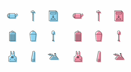Set line Kitchen apron, Garden saw, Watering can, hose or fire hose, Bucket, Shovel, Trash and Hammer icon. Vector
