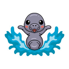 Cute baby manatee cartoon playing water