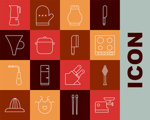 Set line Kitchen meat grinder, Honey dipper stick, Gas stove, Salt and pepper, Cooking pot, Funnel or filter, Moka and Meat chopper icon. Vector