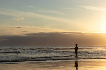 Fototapeta na wymiar pessoa admirando o mar e o pôr-do-sol na praia no verão nas férias
