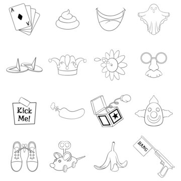 April fools day set icons in outline style isolated on white background