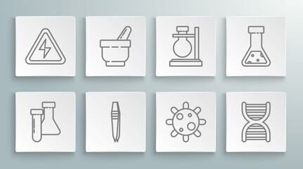 Set line Test tube and flask chemical, Mortar pestle, Tweezers, Bacteria, DNA symbol, on stand, and High voltage sign icon. Vector