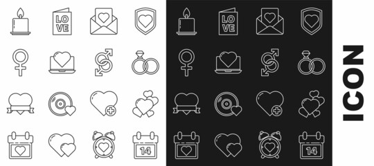 Set line Calendar with February 14, Heart, Wedding rings, Envelope heart, Laptop, Female gender symbol, Burning candle and Male icon. Vector
