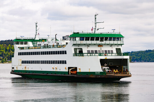 Tacoma, WA, USA - April 27, 2021; Washginton State Ferries MV Salish arriving at Point Defiance Terminal with a scheduled service from Tahlequah WA