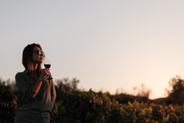 Fototapeta premium Half silhouette of a girl holding wine glass on sunset in nature near vineyard field