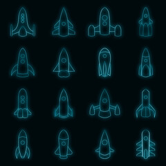 Rockets icons set. Illustration of 16 rockets vector icons neon color on black