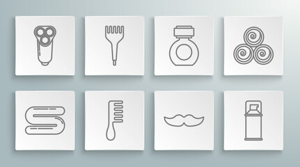 Set line Towel, Hairbrush, Mustache, Shaving gel foam, Aftershave, rolls and Electric razor blade for men icon. Vector