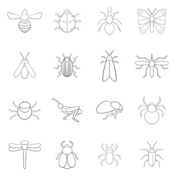Insects set icons in outline style isolated on white background