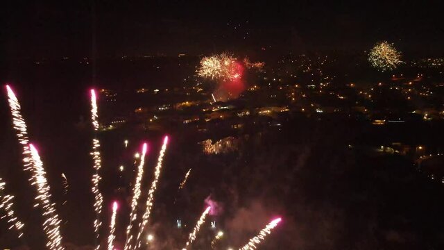View from the heights of new years 2022 with many fireworks in Kissimmee, a city in Osceola County, just south of Orlando.