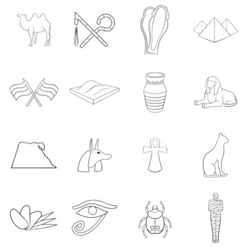 Egypt travel set icons in outline style isolated on white background