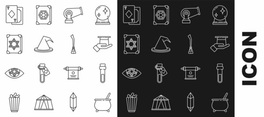 Set line Witch cauldron, Bottle with love potion, Magician hat in hand, Cannon, Ancient magic book, Playing cards and Witches broom icon. Vector