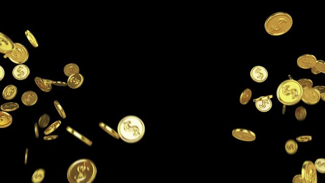 Double fountain of gold coins with dollar sign on transparent background. 3D Animation ProRes 4444.