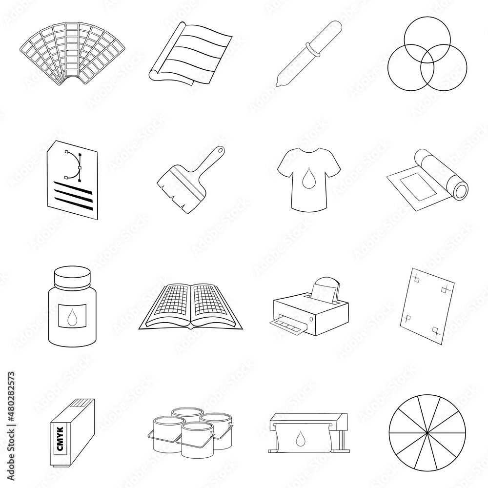 Poster print process set icons in outline style isolated on white background