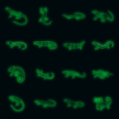 Lizard icons set. Illustration of 16 lizard vector icons neon color on black