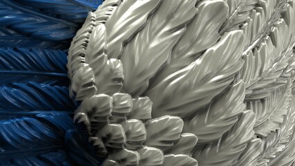 Obraz premium Overlapping white-blue wings under black-white lighting background. Concept image of free activity, decision without regret and strategic action. 3D CG. 3D illustration.