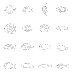 Different fish set icons in outline style isolated on white background
