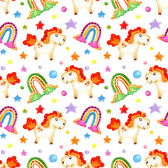 Watercolor drawing of a little pony with a red mane, clouds, a rainbow and stars. Seamless repeating pattern of fabulous unicorn. Horse for design, decoration, packaging, fabrics. Isolated on white 
