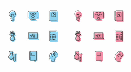 Set line Test tube and flask, Book, Light bulb with concept of idea, Head electric symbol, Square root x glyph, Calculator, and Radioactive in location icon. Vector