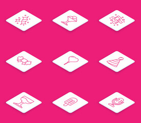 Set line Firework, Ice cream in bowl, Music note, tone, Bow tie, Balloon form of heart, Party hat, Cocktail and icon. Vector