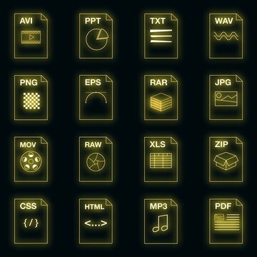 File extension icons set. Illustration of 16 file extension vector icons neon color on black