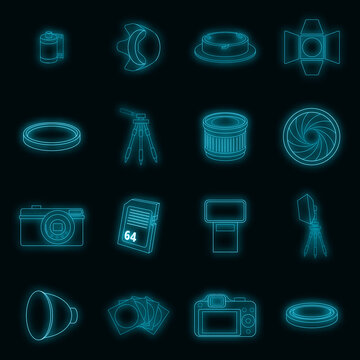 Photo studio icons set. Illustration of 16 photo studio equipment vector icons neon color on black