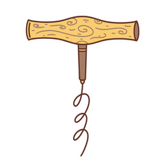 Corkscrew vector icon. Hand drawn color illustration isolated on white background. Opener for alcoholic drinks - champagne, wine. Metal spiral on a wooden handle. Flat cartoon clipart, kitchen concept