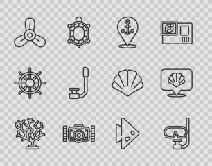 Set line Coral, Diving mask and snorkel, Location with anchor, Photo camera, Boat propeller, turbine, Snorkel, Fish and Scallop sea shell icon. Vector