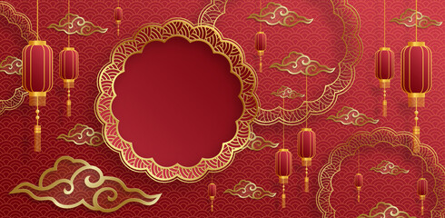 Happy China Lantern Festival, Chinese lanterns with gold paper cut art and craft style on color background © eric