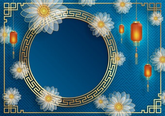 Happy China Lantern Festival, Chinese lanterns with gold paper cut art and craft style on color background