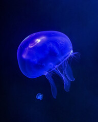 Blue jellyfish close-up in dark aquarium