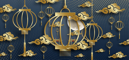 Happy China Lantern Festival, Chinese lanterns with gold paper cut art and craft style on color background