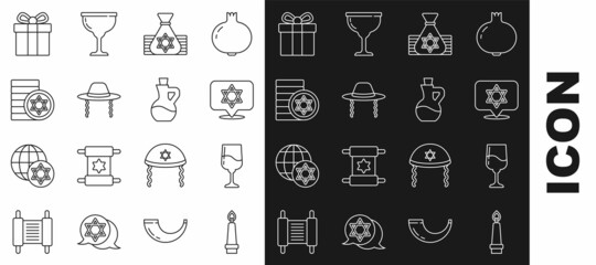 Set line Burning candle, Jewish goblet, Star of David, money bag, Orthodox jewish hat, coin, Gift box and Bottle olive oil icon. Vector