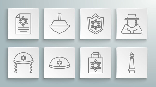 Set line Jewish kippah, Hanukkah dreidel, Shopping bag with star of david, Burning candle, Shield Star David, Orthodox jewish hat and Torah scroll icon. Vector - Powered by Adobe