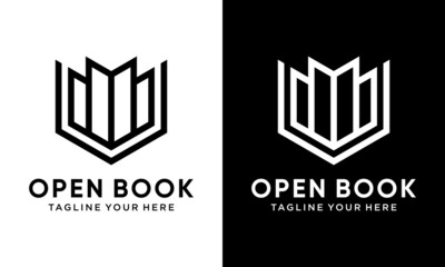 Black open book with text icon. Can be used as logo for bookstore or shop, library, education or learning concept etc. on a black and white background.