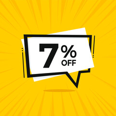 7% off. Discount 7 percent. Yellow banner with floating balloon for promotions and offers.