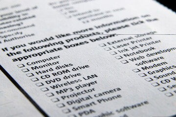 Close up of a list of computer hardware peripheral items