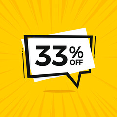 33% off. Discount 33 percent. Yellow banner with floating balloon for promotions and offers.