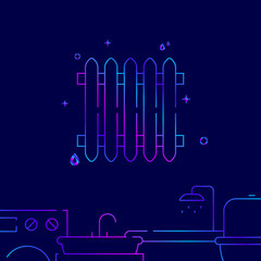 Heating battery radiator gradient line vector icon, simple illustration on a dark blue background, Plumbing related bottom border.
