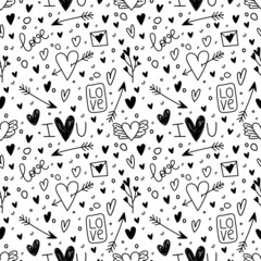 Romantic doodle style seamless pattern with hearts, letters, arrows and handwritten words love. Stylish hand-drawn line elements in sketch style. Isolated on white background.