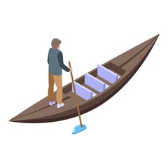 Wood gondola icon isometric vector. Venice boat. Old man